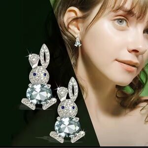 Silver Bunny Drop Earrings with White Gemstones New